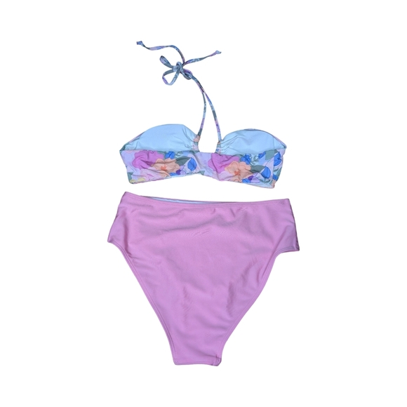 2/$25-Dippin' Daisies Bandeau Floral Bikini Top Bonus Highrise Pink Solid Bottom - Picture 3 of 10